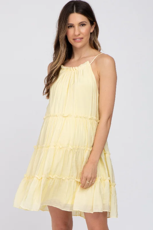 Yellow Tiered Ruffle Accent Maternity Mini Dress Comfortable Linen Mini Dress