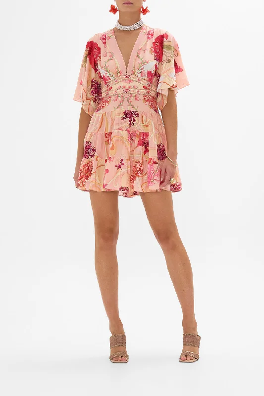 TIERED SKIRT MINI DRESS BLOSSOMS AND BRUSHSTROKES Casual V-Neck Mini Dress