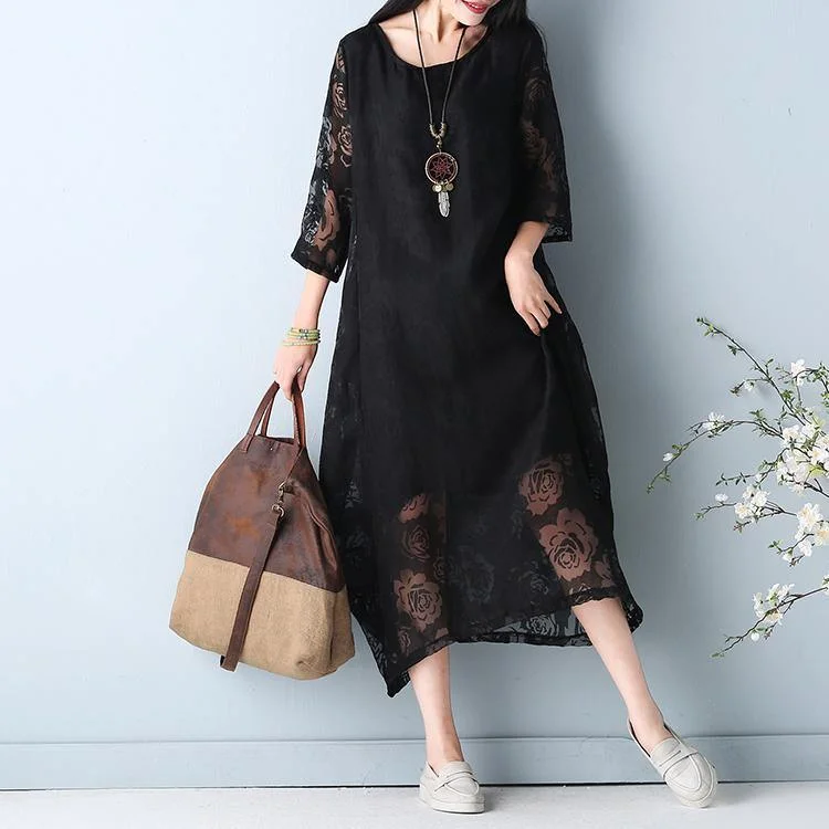 2024 black hollow out maxi dress o neck Half sleeve bridesmaid dress asymmetric summer dress Elegant Silk Maxi Dress