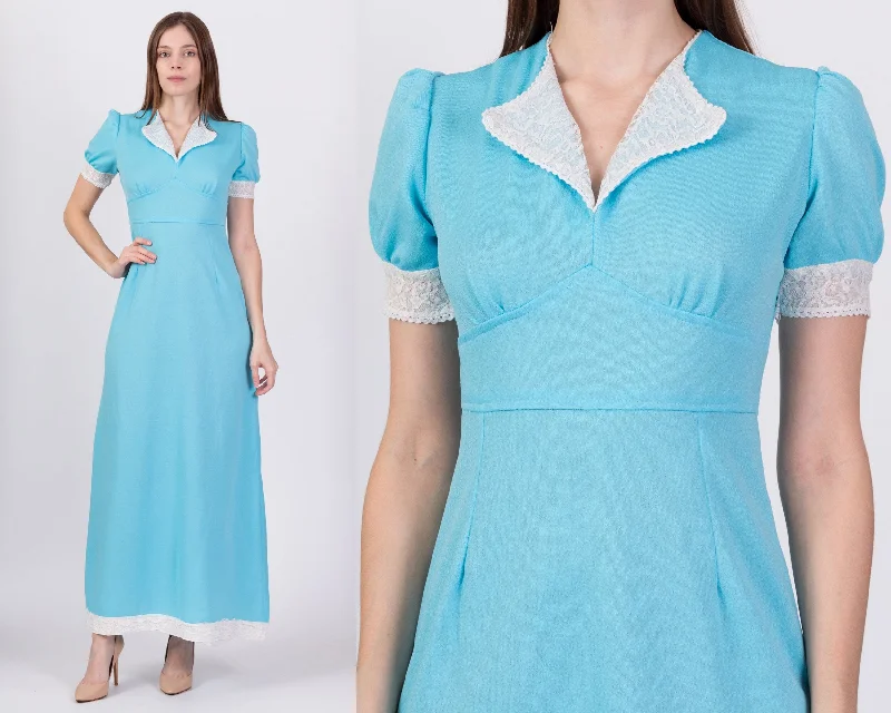 60s 70s Blue Puff Sleeve Prairie Maxi Dress - Small Fashionable High-Low Maxi Dress