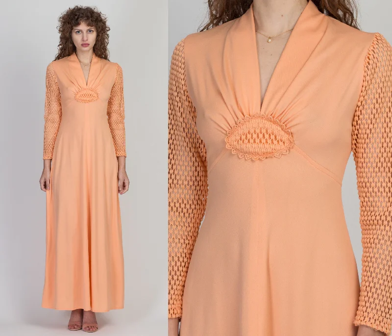 60s 70s Mod Orange Sherbet Maxi Dress - Small Fashionable Open-Back Maxi Dress