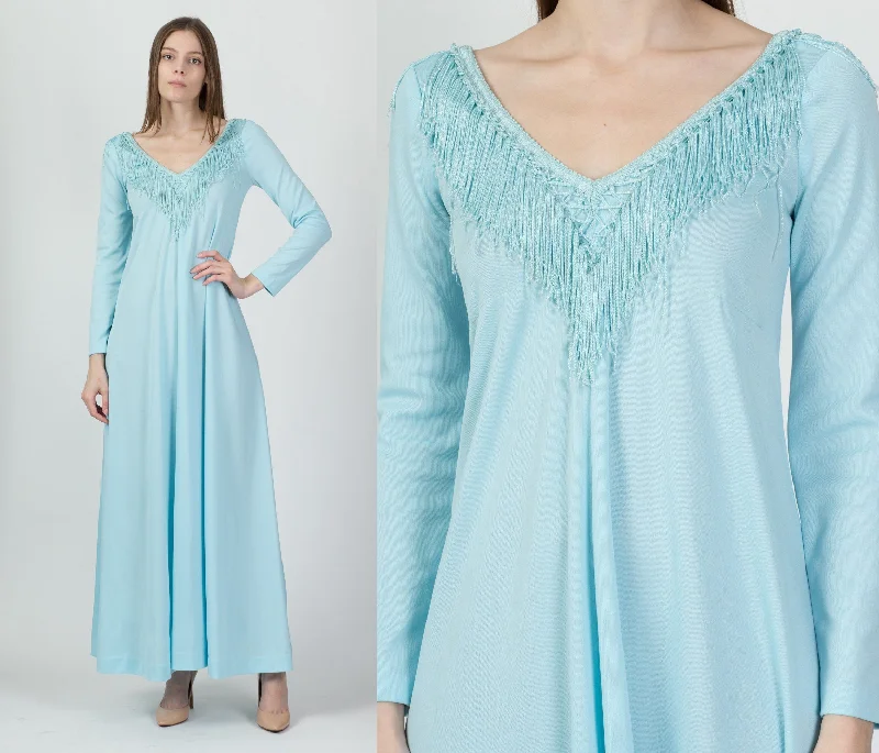 70s Baby Blue Fringe Trim Maxi Dress - Extra Small Stylish Boho Chic Maxi Dress