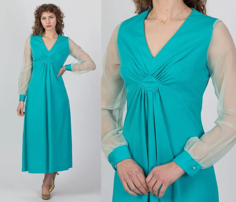 70s Blue Sheer Sleeve Maxi Dress - Medium Fashionable Asymmetrical Maxi Dress