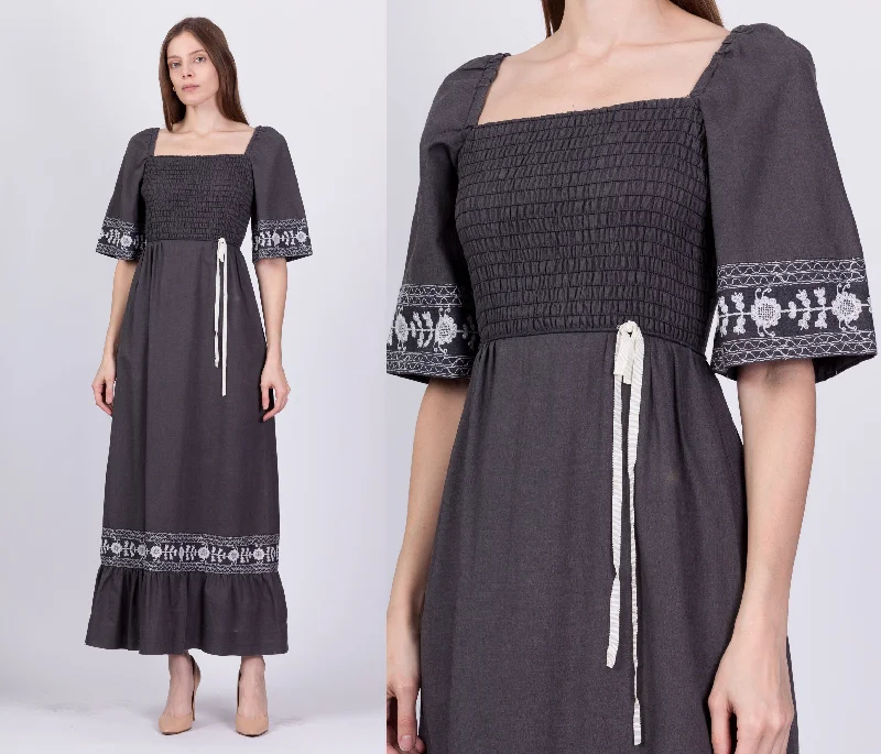 70s Boho Embroidered Smocked Maxi Dress - Extra Small Cozy Cold-Shoulder Maxi Dress