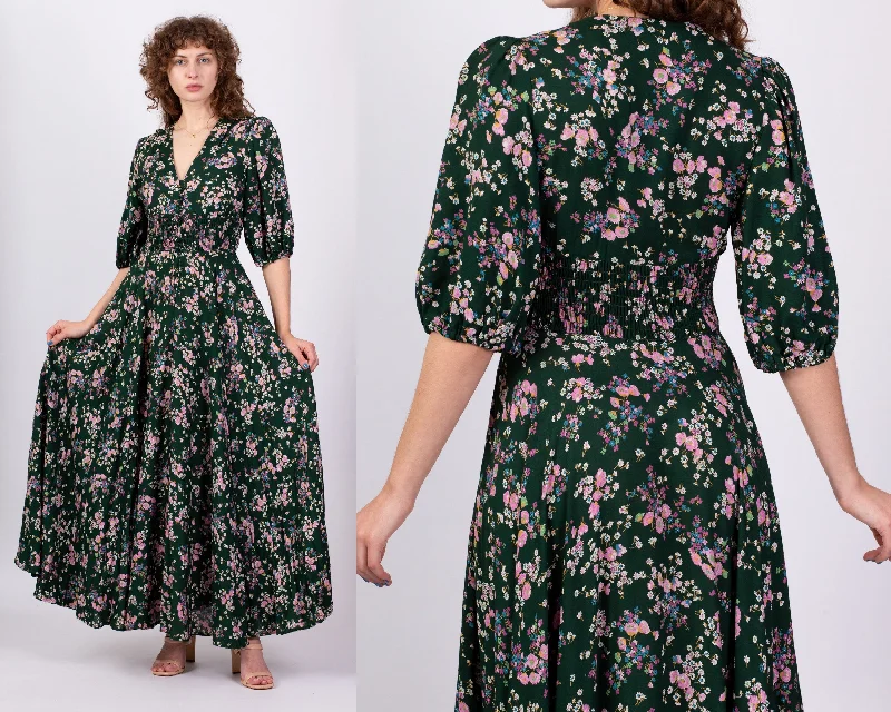 70s Green Floral Puff Sleeve Maxi Dress - Small to Medium Classic V-Neck Maxi Dress