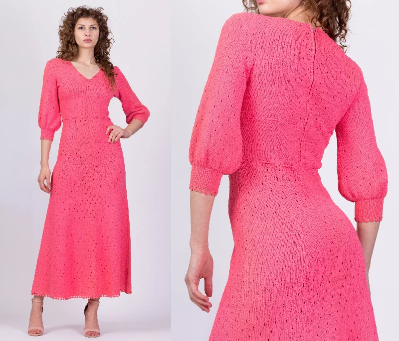 70s Picardo Knits Pink Eyelet Maxi Dress - Medium Trendy Floral Print Maxi Dress