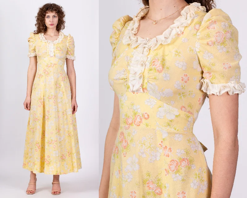 70s Yellow Clover Floral Puff Sleeve Prairie Maxi Dress - Medium Stylish Maxi Dress with Pleats