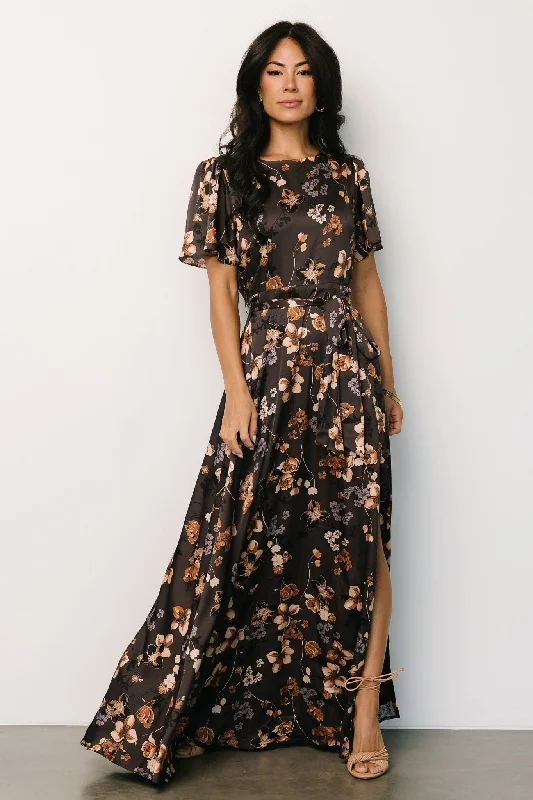 Agnes Satin Maxi Dress | Brown Floral Comfortable T-Shirt Maxi Dress