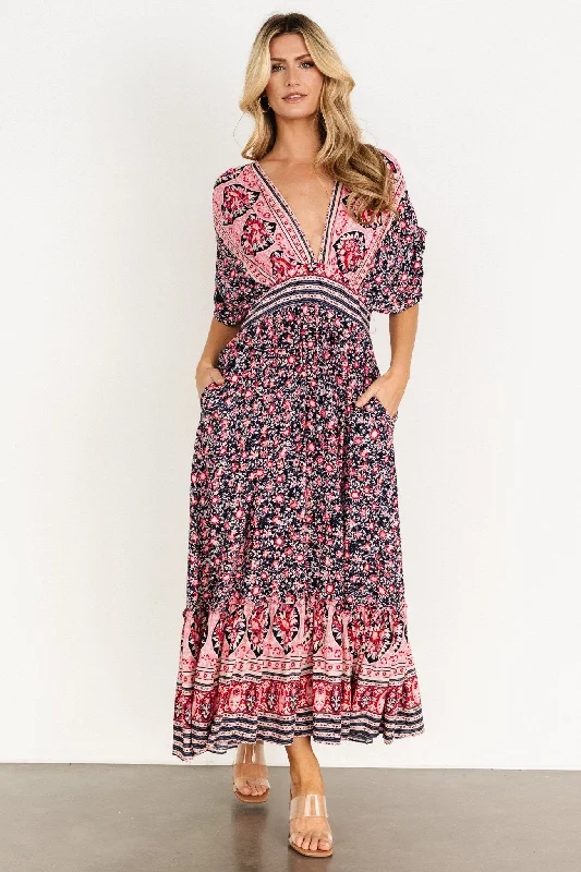 Amaris Maxi Dress | Navy Multi Stylish Pleated A-Line Maxi Dress