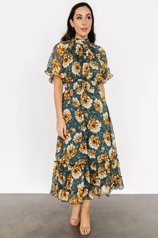 Ashton Maxi Dress | Topaz + Gold Floral Elegant Maxi Dress with Slit