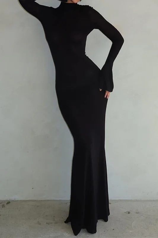 Backless Mock Neck Bodycon Maxi Dress Stylish Long Sleeve Maxi Dress