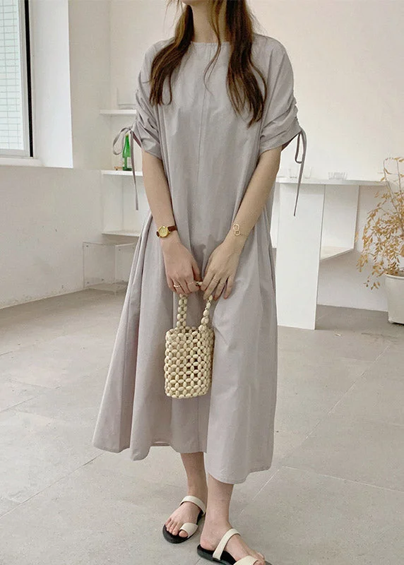 Beige Wrinkled Cotton Maxi Dress Long Sleeve Fashionable Chiffon Maxi Dress