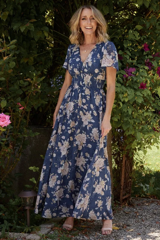 Birdie Maxi Dress | Blue + Blush Floral Elegant Maxi Dress with Drapes