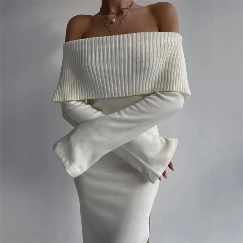 2024 Off-Shoulder Lapel Neck Sexy Long Sleeve Maxi Dress Cozy Maxi Dress with Slit