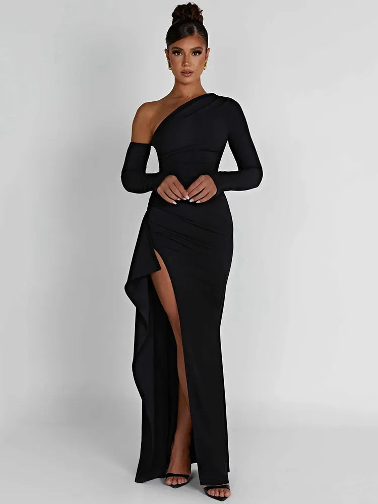 2024 Mozision Oblique Shoulder Thigh High Split Long Sleeve Maxi Dress Fashionable Off-Shoulder Maxi Dress