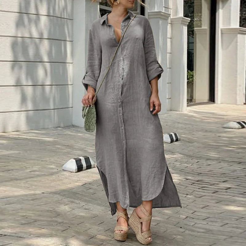 2024 Vintage Solid Tunicas Lapel Button Up Boho Maxi Dress Cozy Wrap Maxi Dress