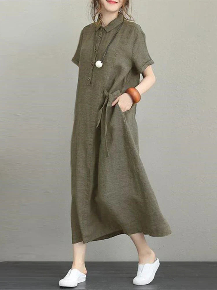 2024 Summer Cotton Linen Vintage Casual Loose Mid-length Maxi Dress Trendy Maxi Dress with Lace