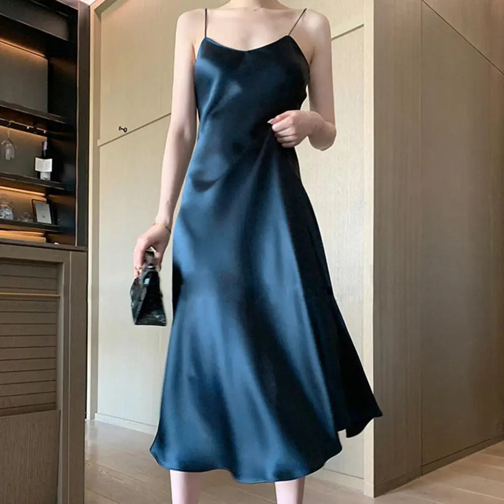 2024 Low Cut V Neck Solid Color Spaghetti Strap Maxi Dress Elegant Silk Maxi Dress