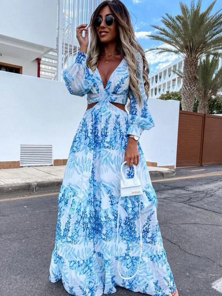 2024 Elegant V-Neck Print Long Sleeve Maxi Dress Trendy Satin Maxi Dress