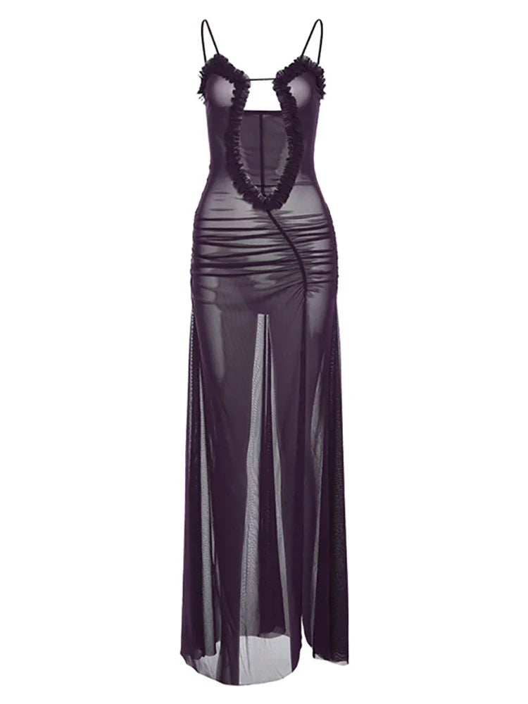 2024 Sexy Backless Mesh Split Sleeveless Maxi Dress Comfortable Maxi Dress with Belt