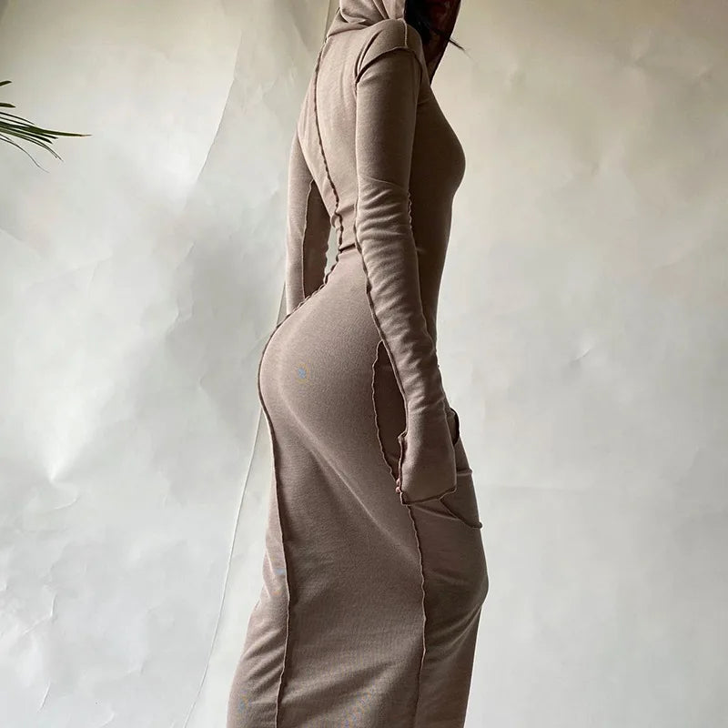 2024 Patchwork Hooded Long Sleeve Skinny Maxi Dress Trendy Button Front Maxi Dress