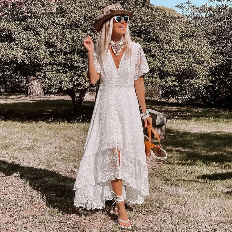 2024 Bohemian Spaghetti Strap Floral Lace Beach Maxi Dress Elegant Maxi Dress with Slit