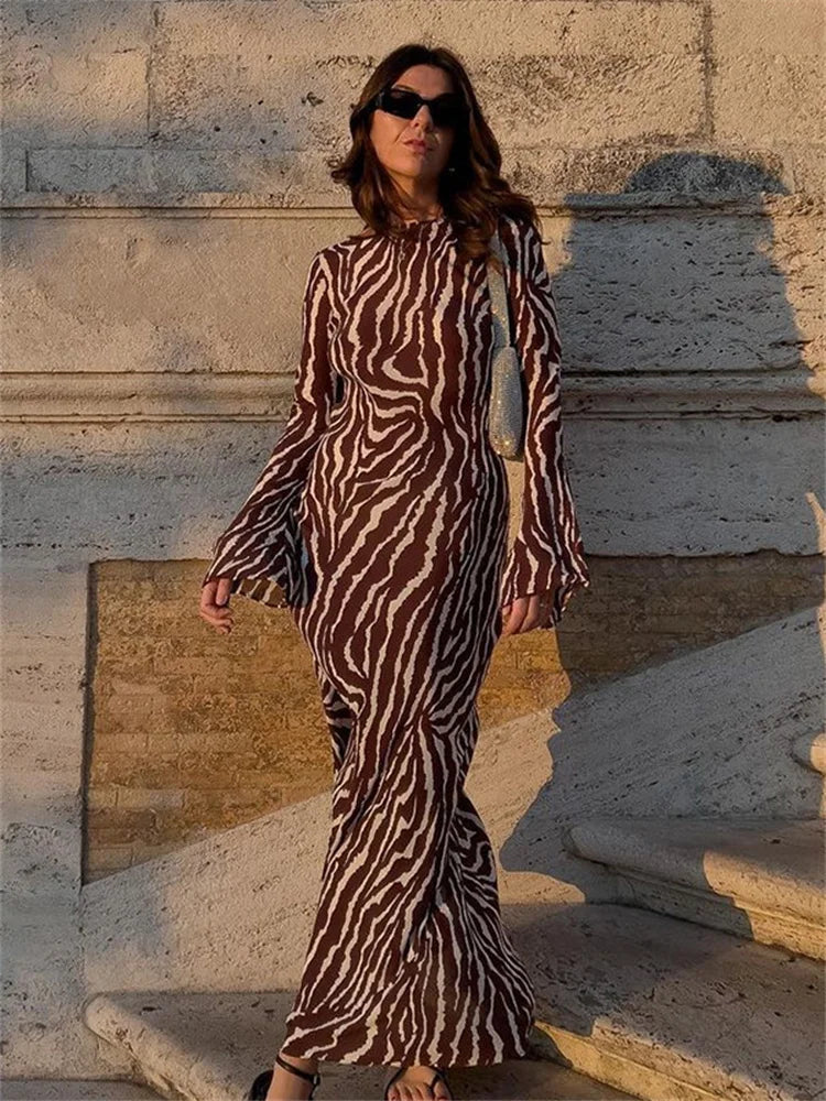 Autumn Sexy Long Sleeve Zebra Print Bodycon Maxi Dress Fashionable Faux Wrap Maxi Dress