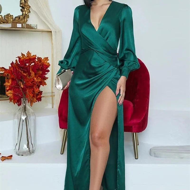 Elegant Long Sleeve V Neck Sexy Maxi Dress Fashionable Asymmetrical Maxi Dress