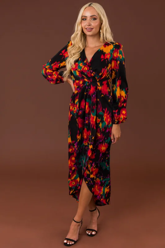 Black Abstract Print Long Sleeve Maxi Dress Elegant Maxi Dress with Pockets