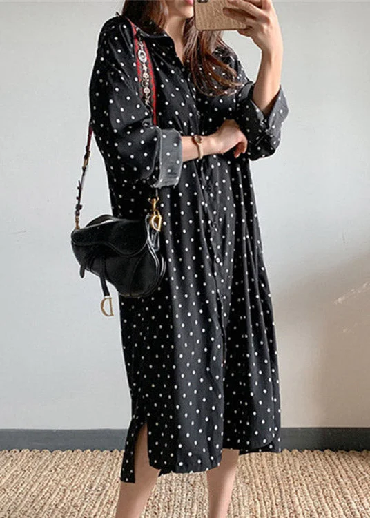 Black Dot Side Open Maxi Dress Long Sleeve Trendy Maxi Dress with Bow