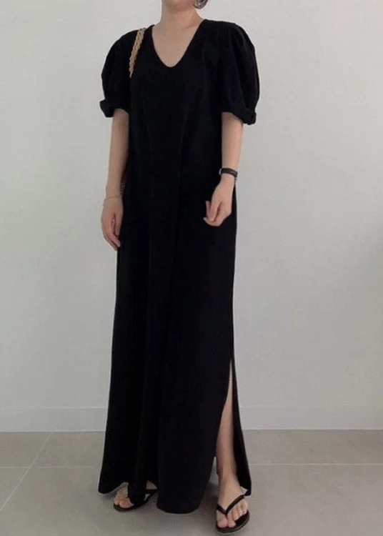 Black Side Open Knit Maxi Dress Long Sleeve Trendy Satin Maxi Dress