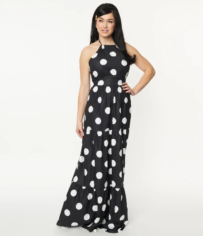 Black & White Polka Dot Halter Maxi Dress Comfortable Plunging Neckline Maxi Dress