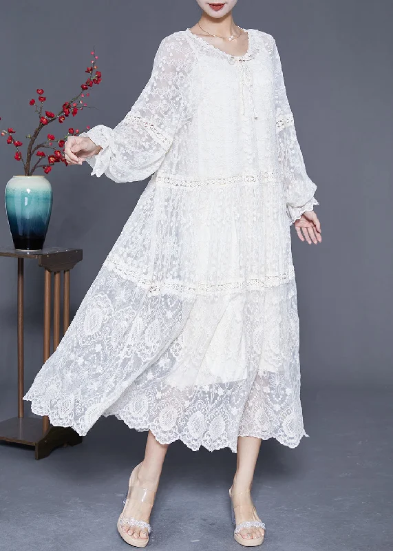 Bohemian White Embroideried Patchwork Hollow Out Lace Maxi Dress Lantern Sleeve Comfortable Bohemian Maxi Dress