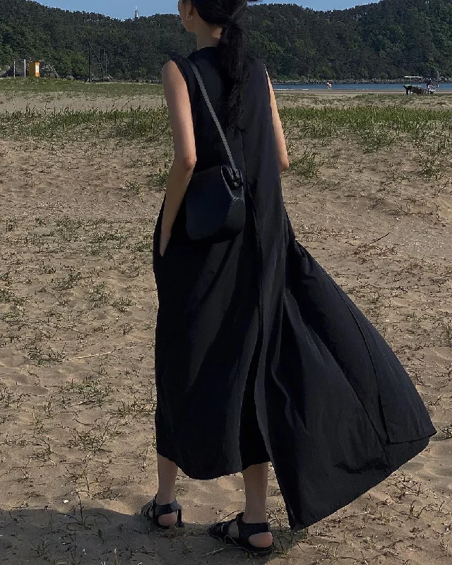 Boutique Black O-Neck Asymmetrical Patchwork Solid Maxi Dress Summer Cozy Spaghetti Strap Maxi Dress