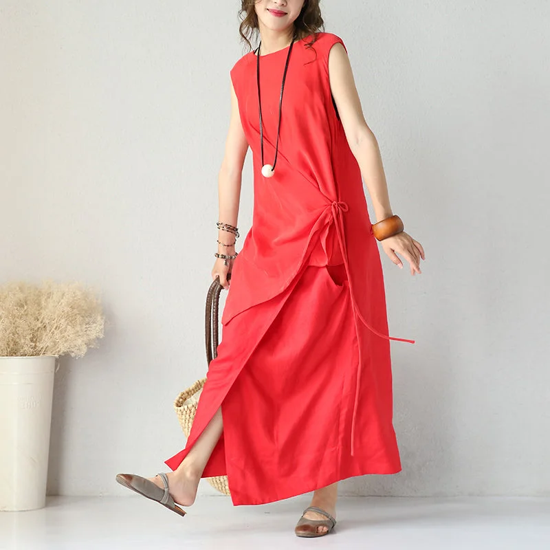 boutique red silk linen dresses oversized asymmetric silk linen clothing dress fine tei waist maxi dresses Elegant Floral Maxi Dress