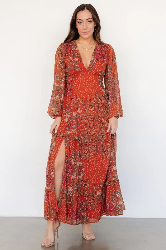 Bowman Deep V Maxi Dress | Rust Multi Trendy Maxi Dress with Lace