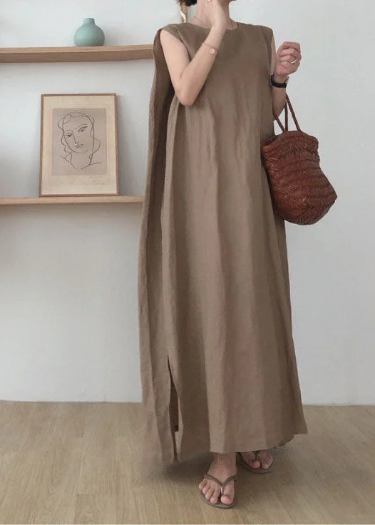 Camel Side Open Cotton Maxi Dresses O Neck Sleeveless Trendy Fit-and-Flare Maxi Dress