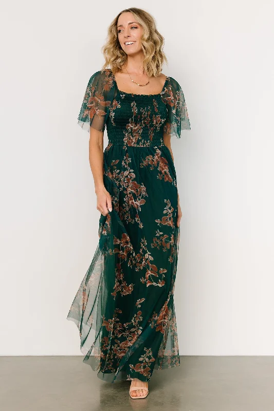 Cassandra Tulle Maxi Dress | Green + Bronze Floral Comfortable Bohemian Maxi Dress