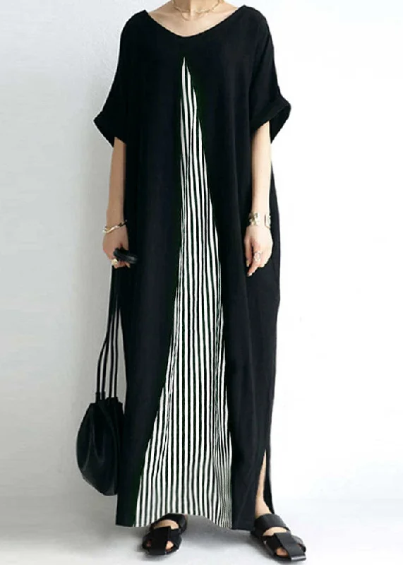 Casual Black O-Neck Striped Patchwork Cozy Maxi Dress Short Sleeve Stylish Boho Chic Maxi Dress