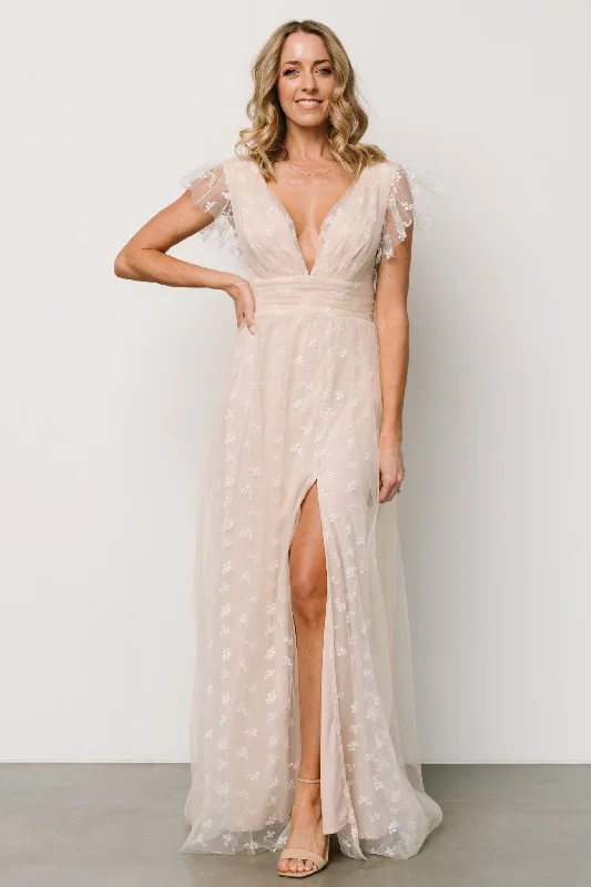 Caterina Tulle Maxi Dress | Natural + White Trendy Floral Print Maxi Dress