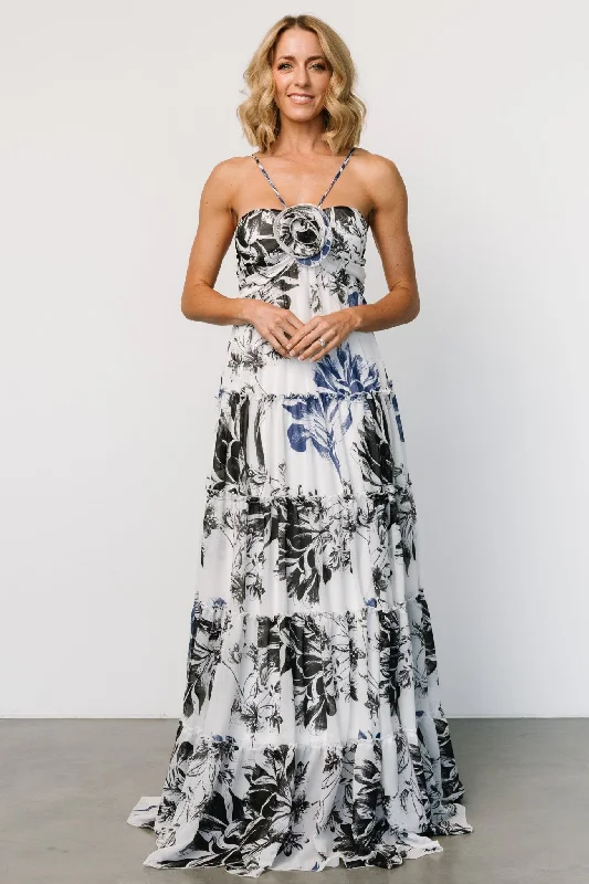 Charmaine Maxi Dress | Navy + Black Floral Trendy Off-Shoulder Ruffle Maxi Dress