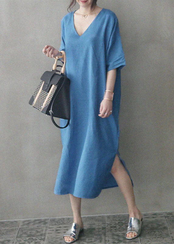 Chic Blue V Neck Patchwork Side Open Linen Maxi Dress Summer Classic Black Maxi Dress