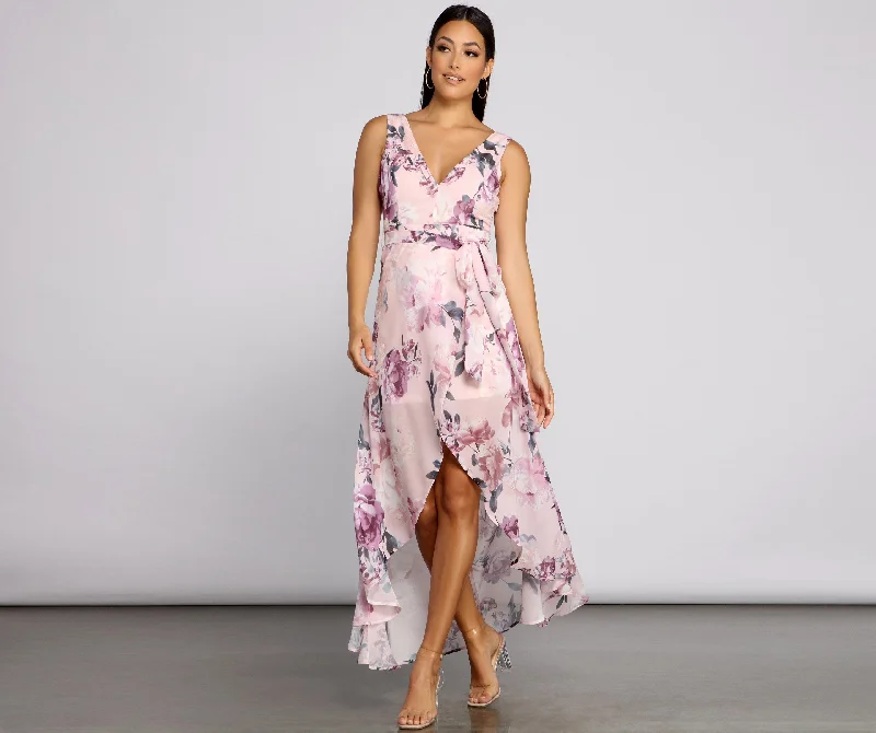 Wrapped In Romance Charming Floral Chiffon Maxi Dress Fashionable High-Waist Maxi Dress