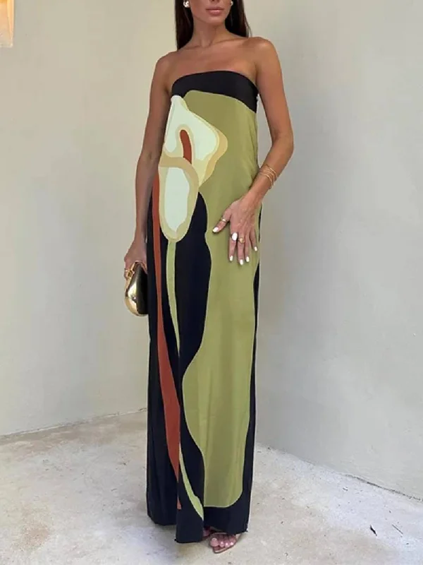 Contrast Sleeveless Off Charming Shoulder Printed Maxi Dress Trendy Satin Maxi Dress