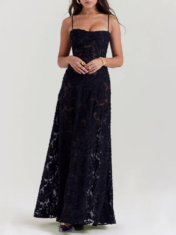 Black Floral Lace Charming Back Maxi Dress Elegant Sleeveless Maxi Dress