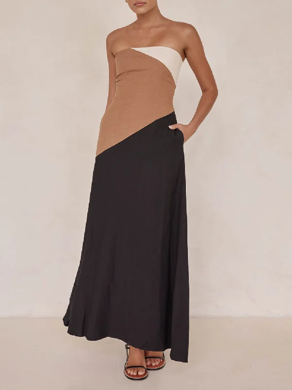 Asymmetrical Color-Blocked Stylish Maxi Dress Trendy Maxi Dress with Belt