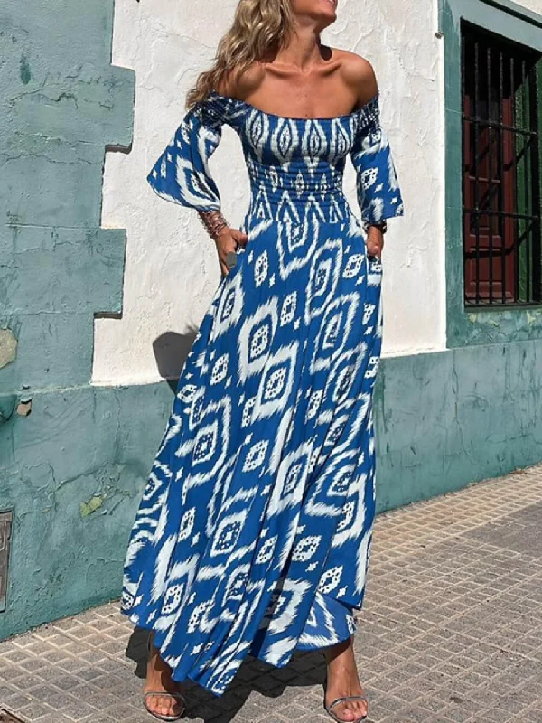 Vacation Ethnic Print Smocked Graceful Off Shoulder Pocketed Maxi Dress Comfortable Fitted Maxi Dress