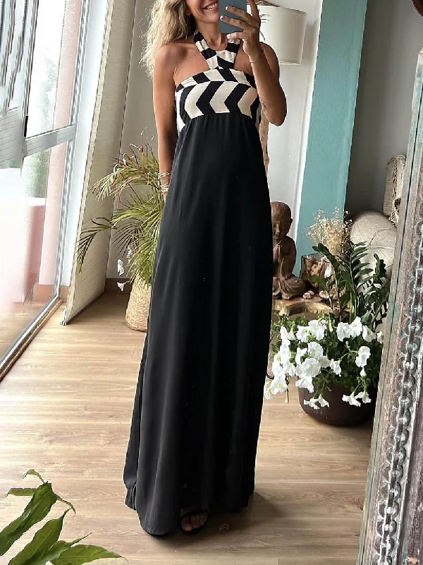 Unique Striped Print Charming Loose Halterneck Maxi Dress Cozy Ruffle Sleeve Maxi Dress