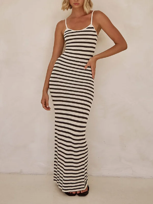 Unique Striped Patchwork Charming Knit Maxi Dress Comfortable T-Shirt Maxi Dress