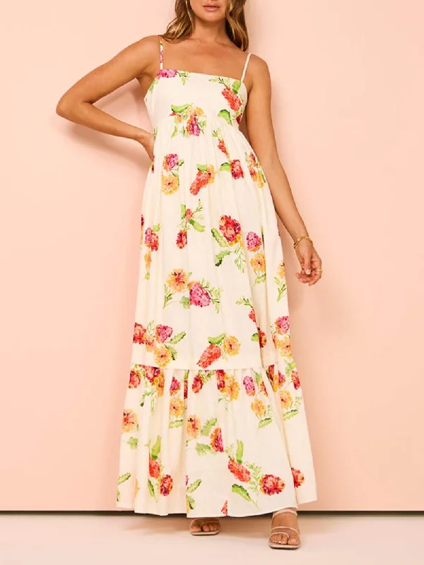 Unique Floral Print Halter Graceful Backless Extra Maxi Dress Chic Summer Floral Maxi Dress